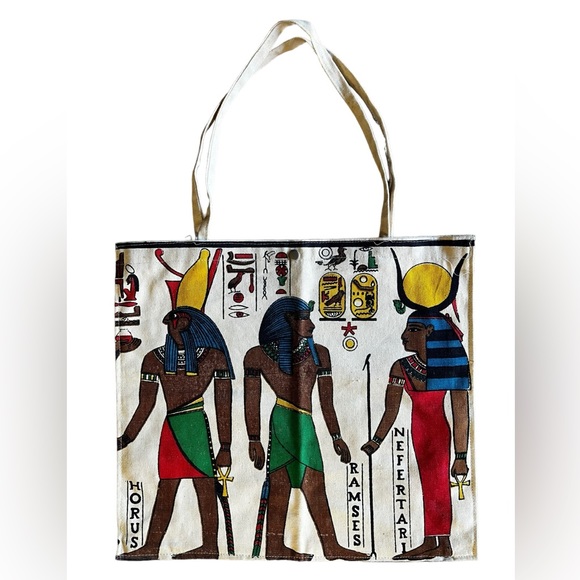 Egyptian Canvas Tote Bag Nefertari Ramses Horemheb Colorful Hieroglyphics Horus - Picture 1 of 7